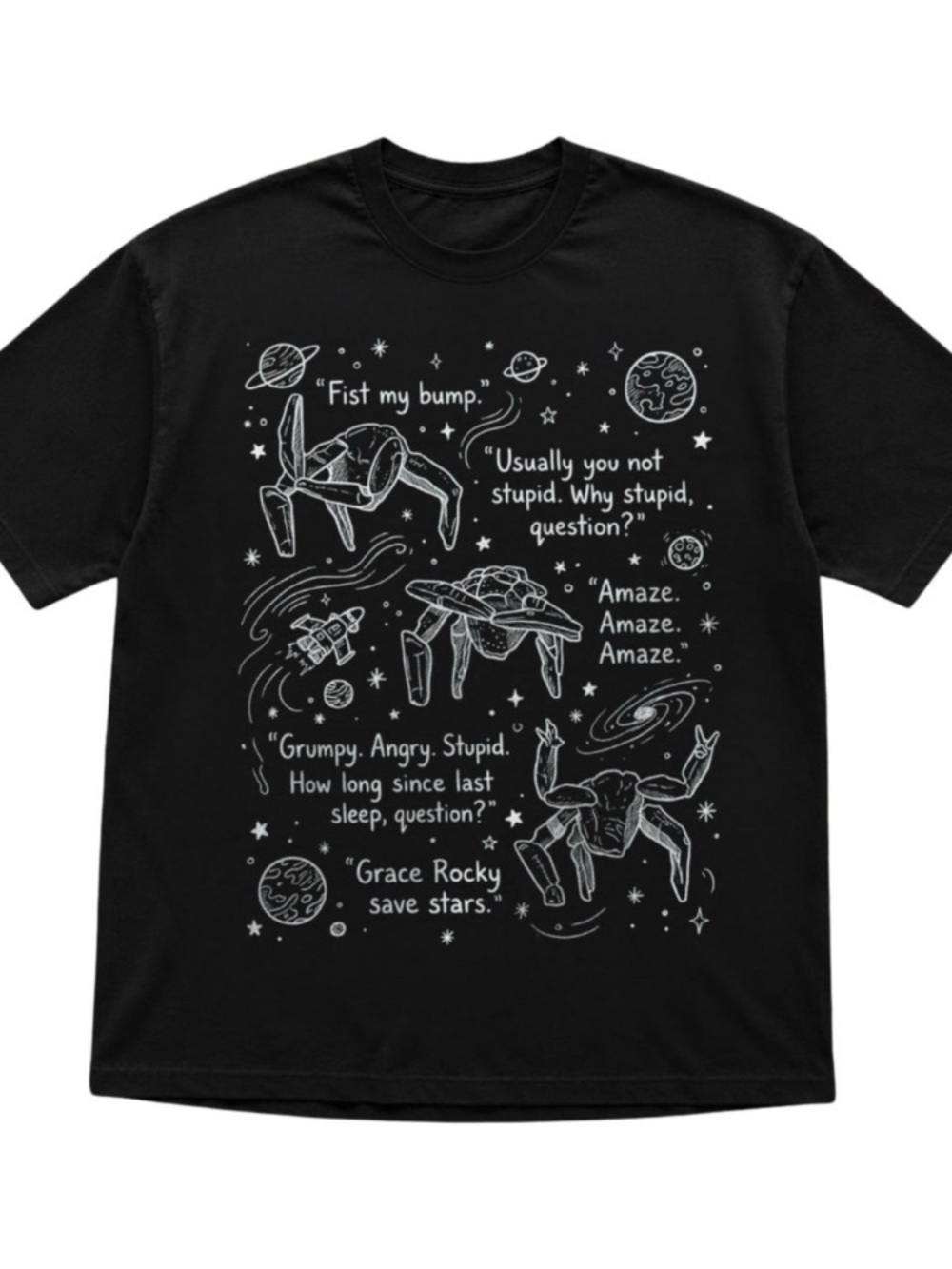 Black Tee with White Sci‑Fi Crab Graphic